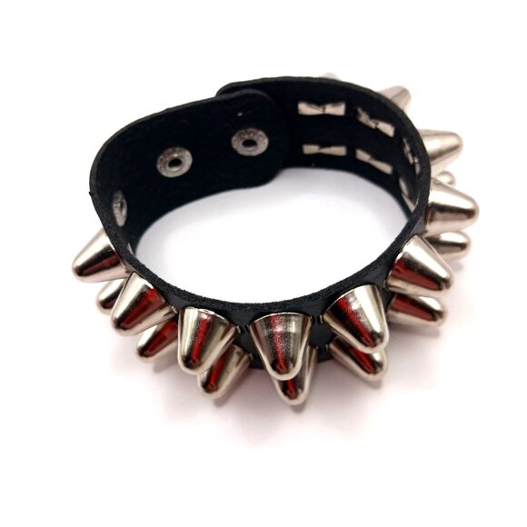 Goth Double Row Riveted Black Vegan Leather Bracelet - Picture 1 of 7